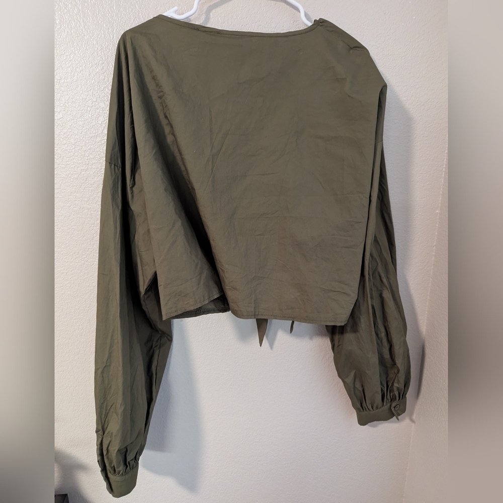 PLT,Khaki RuchedOlive Green Women's Tie-Front Top - Picture 5 of 6